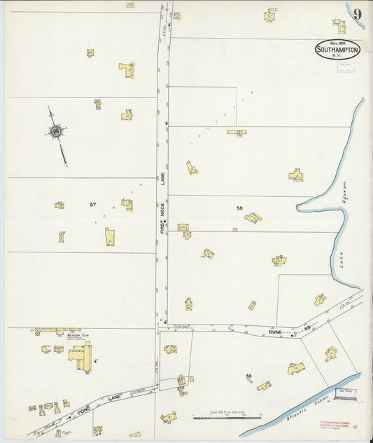 Sanborn Fire Insurance Map from Southampton, Suffolk County, New York (1909), Sheet #0009 - Historic Sanborn Fire Insurance Map Print, vintage old map wall art, antique decor, genealogy gift, New York New York map
