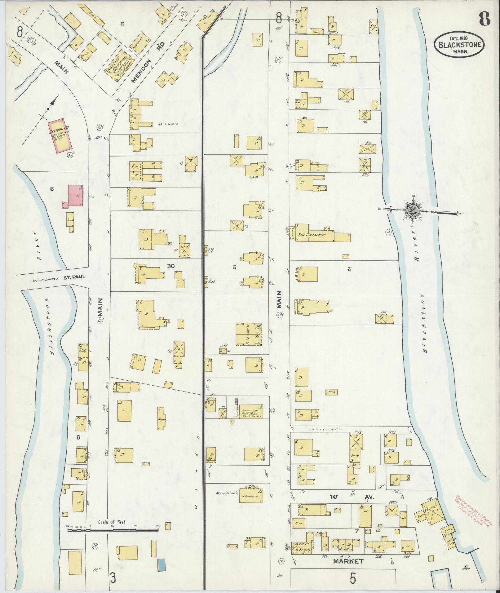 Sanborn Fire Insurance Map from Blackstone, Worcester County, Massachusetts (1910), Sheet #0008 - Complete Map Set gallery image, historic Sanborn map, vintage wall art, Massachusetts Massachusetts