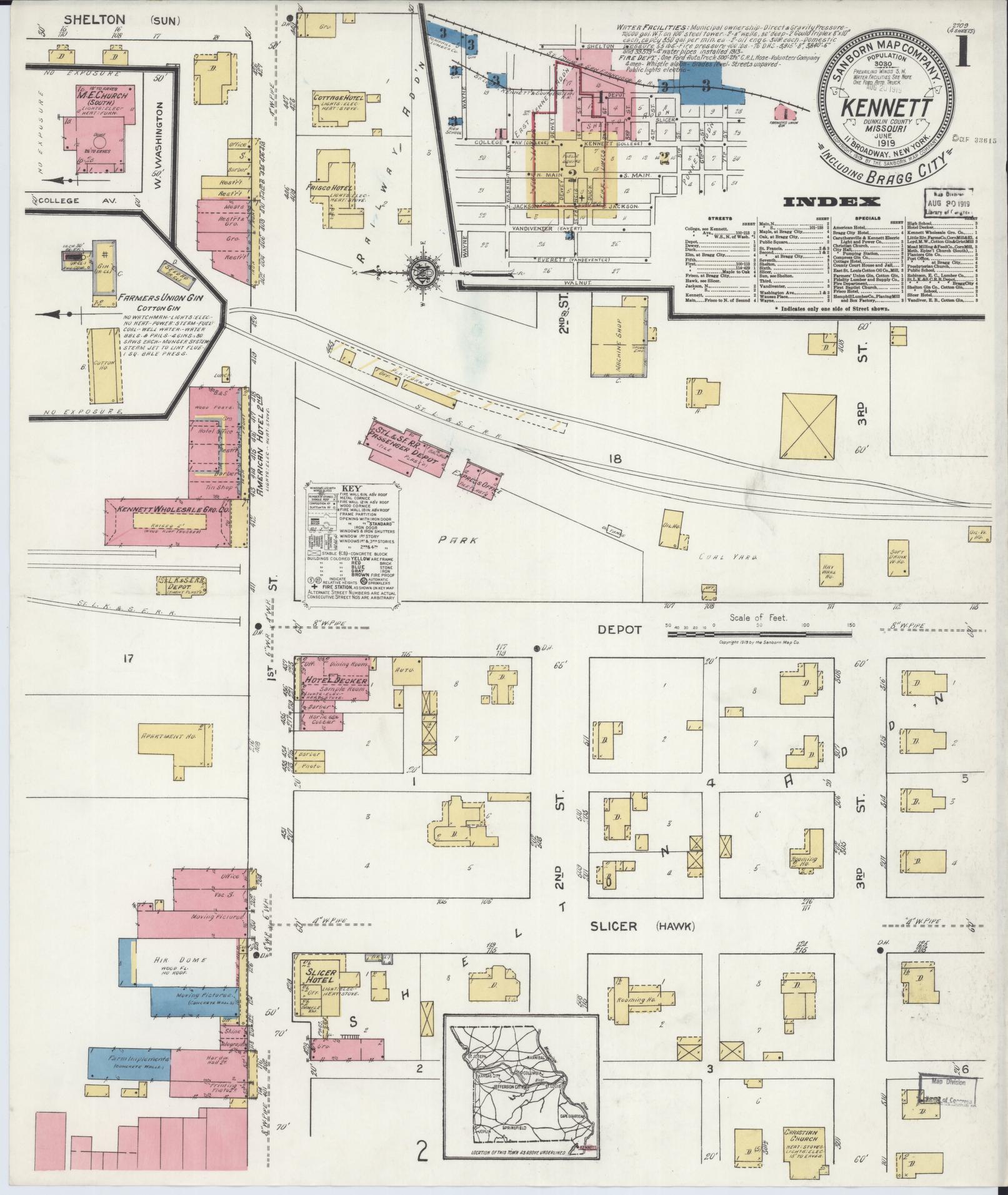 Sanborn Fire Insurance Map from Kennett, Dunklin County, Missouri (1919), Sheet #0001 - Complete Map Set gallery image, historic Sanborn map, vintage wall art, Missouri Missouri