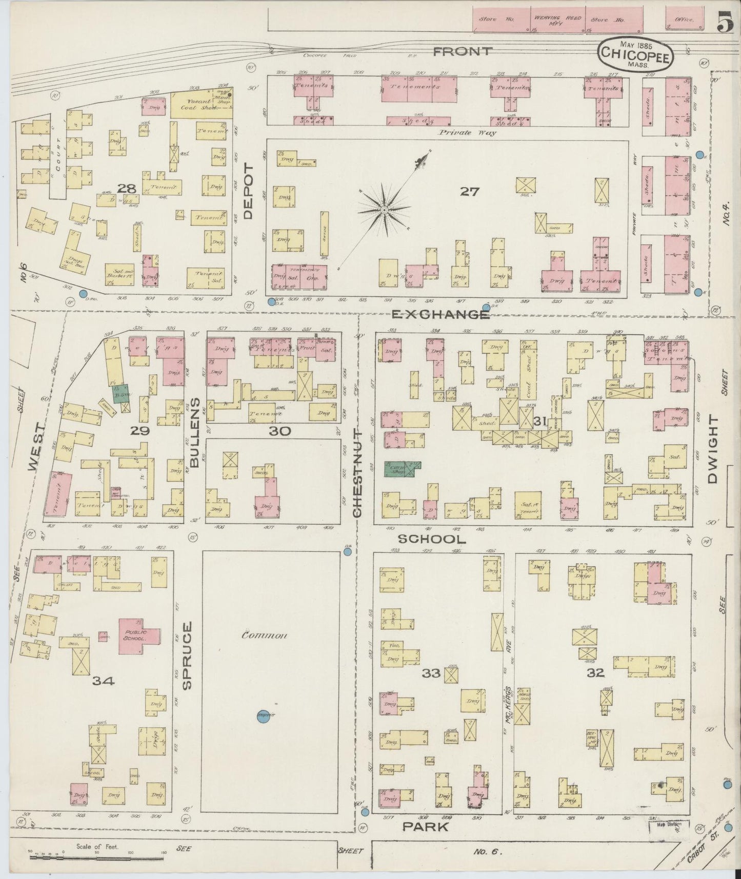 Sanborn Fire Insurance Map from Chicopee, Hampden County, Massachusetts (1885), Sheet #0005 - Historic Sanborn Fire Insurance Map Print, vintage old map wall art, antique decor, genealogy gift, Massachusetts Massachusetts map