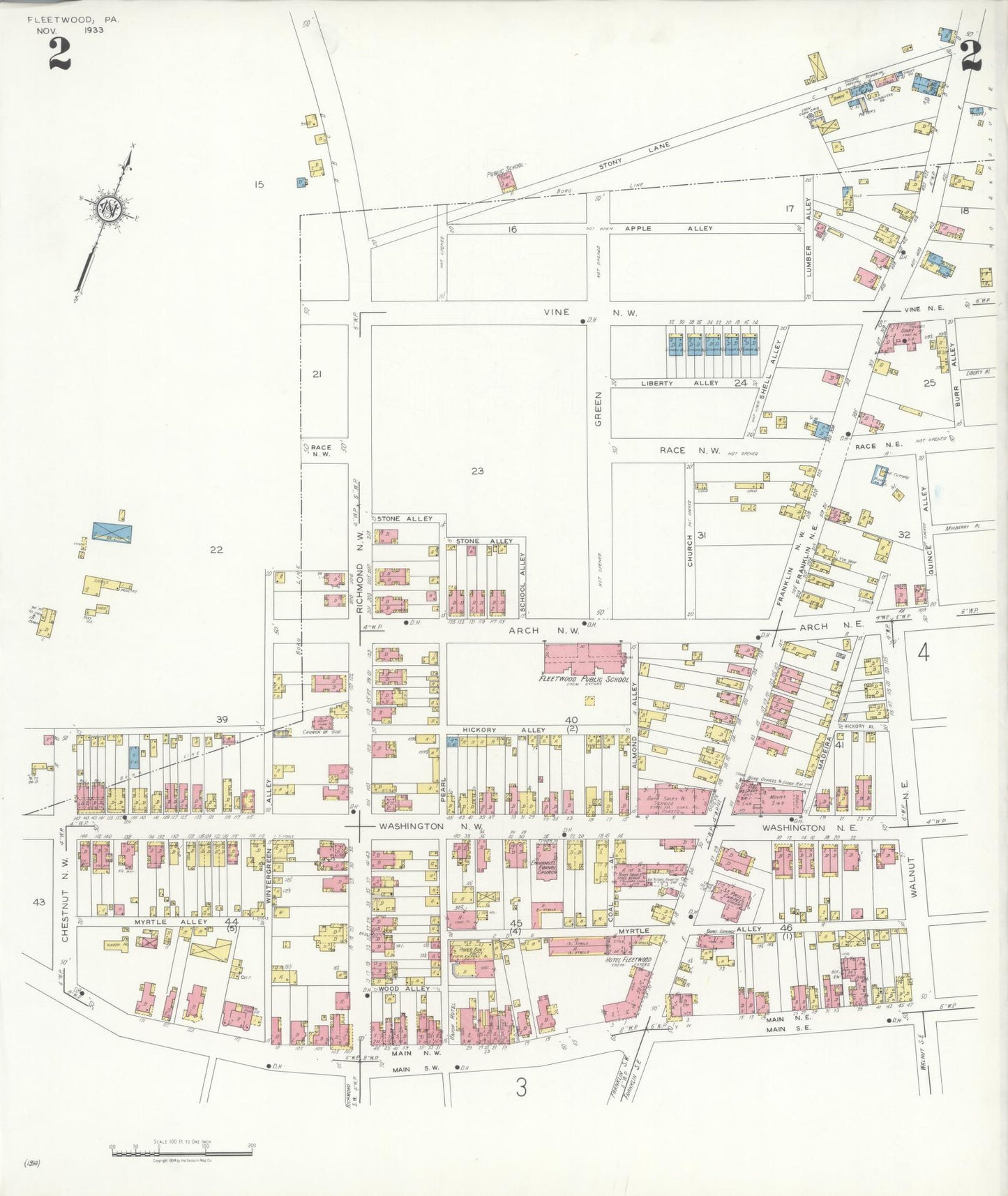 Sanborn Fire Insurance Map from Fleetwood, Berks County, Pennsylvania (1933), Sheet #0002 - Historic Sanborn Fire Insurance Map Print, vintage old map wall art, antique decor, genealogy gift, Pennsylvania Pennsylvania map