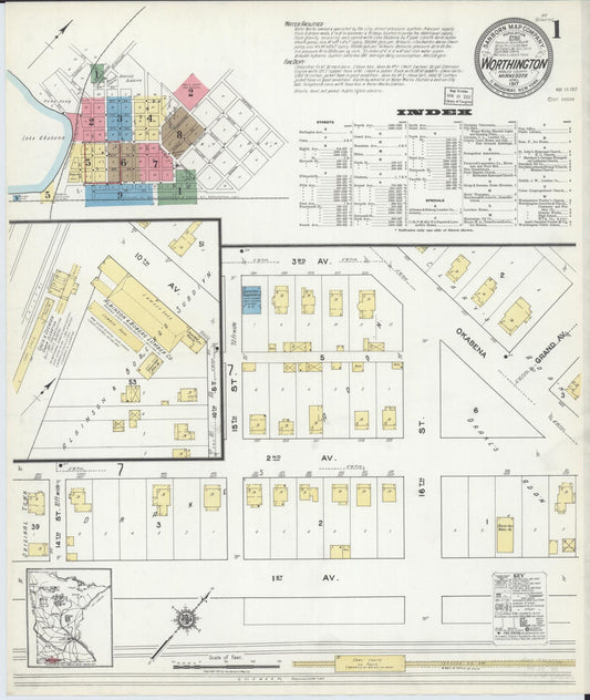 Sanborn Fire Insurance Map from Worthington, Nobles County, Minnesota (1917), Sheet #0001 - Historic Sanborn Fire Insurance Map Print, vintage old map wall art, antique decor, genealogy gift, Minnesota Minnesota map
