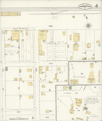 Sanborn Fire Insurance Map from Mountain View, Santa Clara County, California (1908), Sheet #0004 - Historic Sanborn Fire Insurance Map Print, vintage old map wall art, antique decor, genealogy gift, California California map