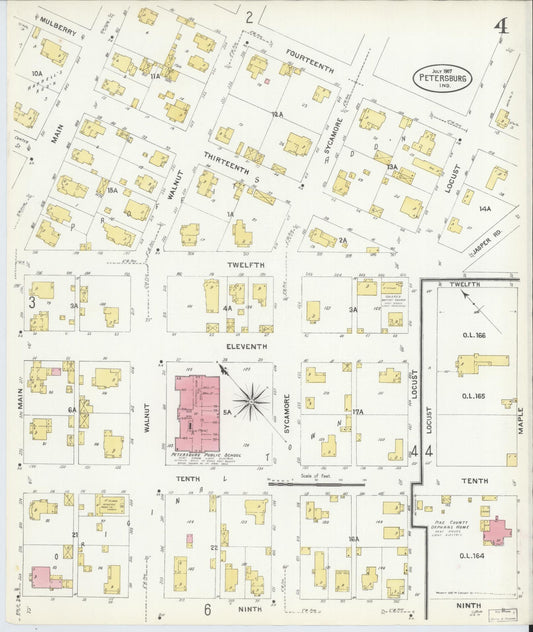 Sanborn Fire Insurance Map from Petersburg, Pike County, Indiana (1907), Sheet #0004 - Historic Sanborn Fire Insurance Map Print, vintage old map wall art, antique decor, genealogy gift, Indiana Indiana map
