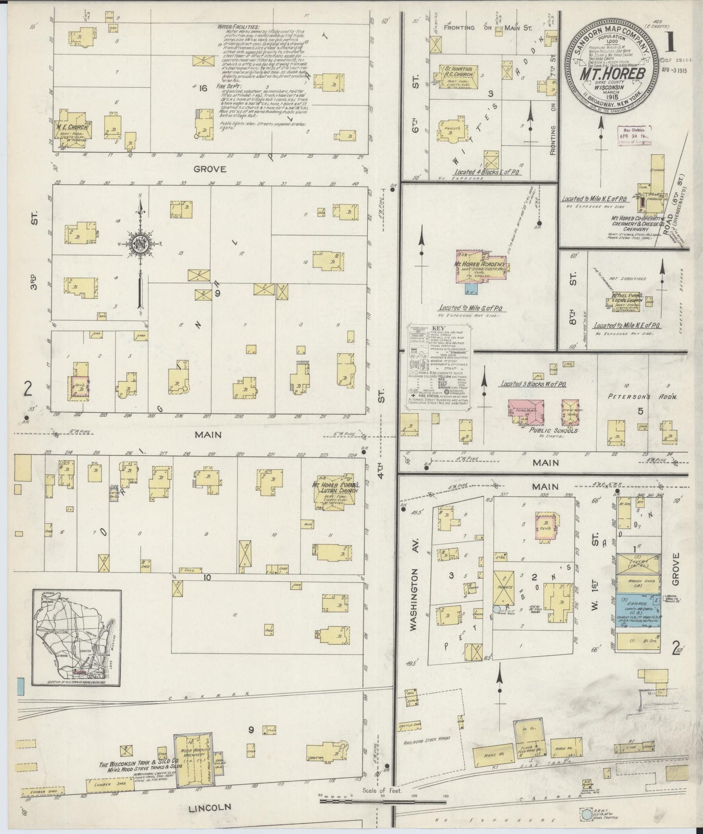 Sanborn Fire Insurance Map from Mount Horeb, Dane County, Wisconsin (1915), Sheet #0001 - Complete Map Set gallery image, historic Sanborn map, vintage wall art, Wisconsin Wisconsin