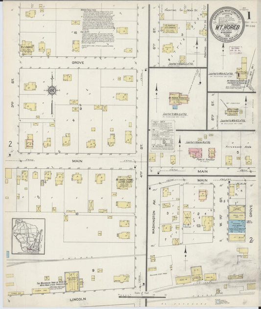 Sanborn Fire Insurance Map from Mount Horeb, Dane County, Wisconsin (1915), Sheet #0001 - Complete Map Set gallery image, historic Sanborn map, vintage wall art, Wisconsin Wisconsin