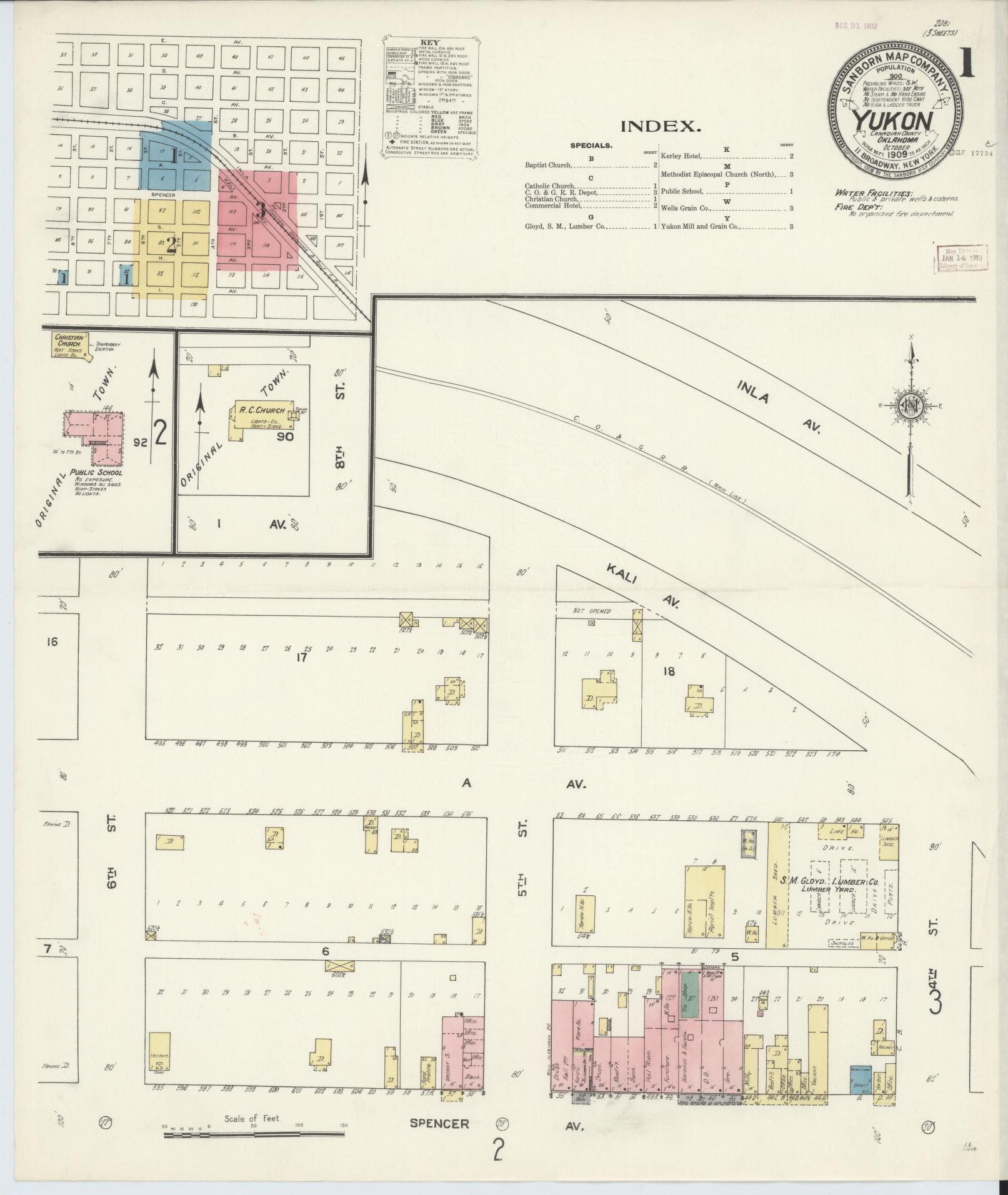 Sanborn Fire Insurance Map from Yukon, Canadian County, Oklahoma (1909), Sheet #0001 - Complete Map Set gallery image, historic Sanborn map, vintage wall art, Oklahoma Oklahoma