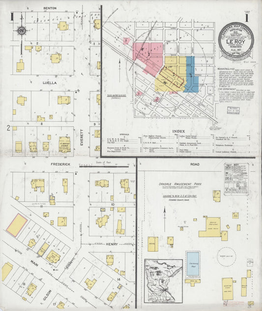 Sanborn Fire Insurance Map from Le Roy, Mower County, Minnesota (1927), Sheet #0001 - Complete Map Set gallery image, historic Sanborn map, vintage wall art, Minnesota Minnesota