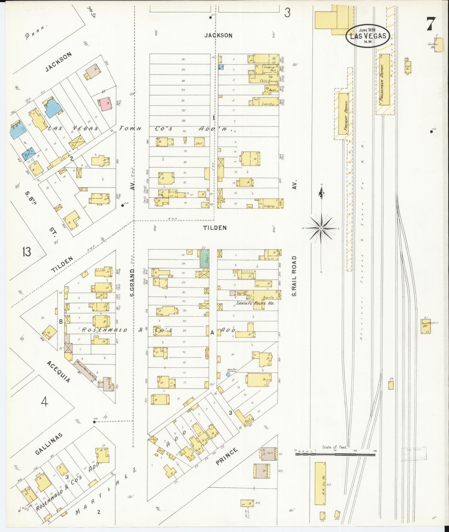 Sanborn Fire Insurance Map from Las Vegas, San Miguel County, New Mexico (1898), Sheet #0007 - Historic Sanborn Fire Insurance Map Print, vintage old map wall art, antique decor, genealogy gift, New Mexico New Mexico map