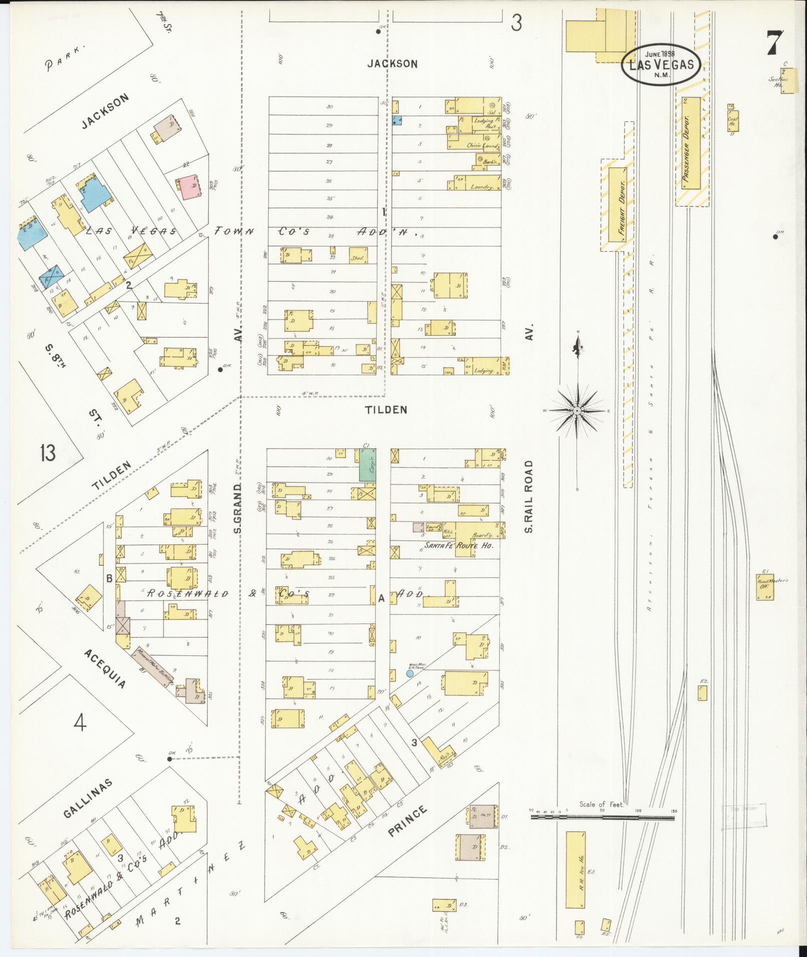 Sanborn Fire Insurance Map from Las Vegas, San Miguel County, New Mexico (1898), Sheet #0007 - Historic Sanborn Fire Insurance Map Print, vintage old map wall art, antique decor, genealogy gift, New Mexico New Mexico map