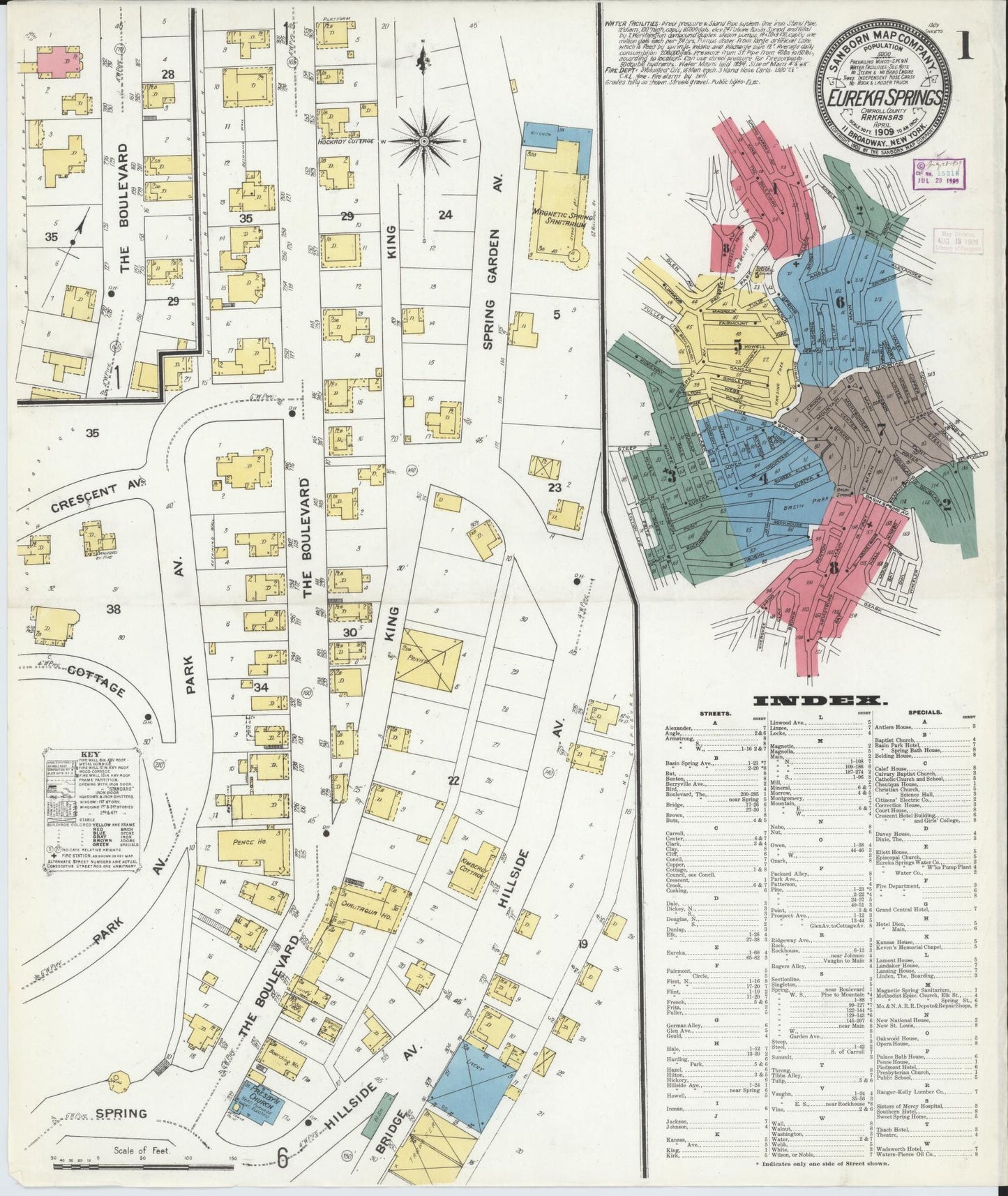 Sanborn Fire Insurance Map from Eureka Springs, Carroll County, Arkansas (1909), Sheet #0001 - Complete Map Set gallery image, historic Sanborn map, vintage wall art, Arkansas Arkansas