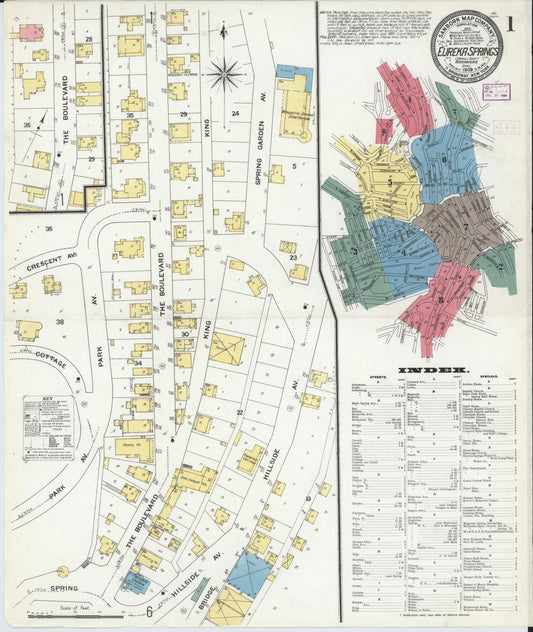 Sanborn Fire Insurance Map from Eureka Springs, Carroll County, Arkansas (1909), Sheet #0001 - Complete Map Set gallery image, historic Sanborn map, vintage wall art, Arkansas Arkansas
