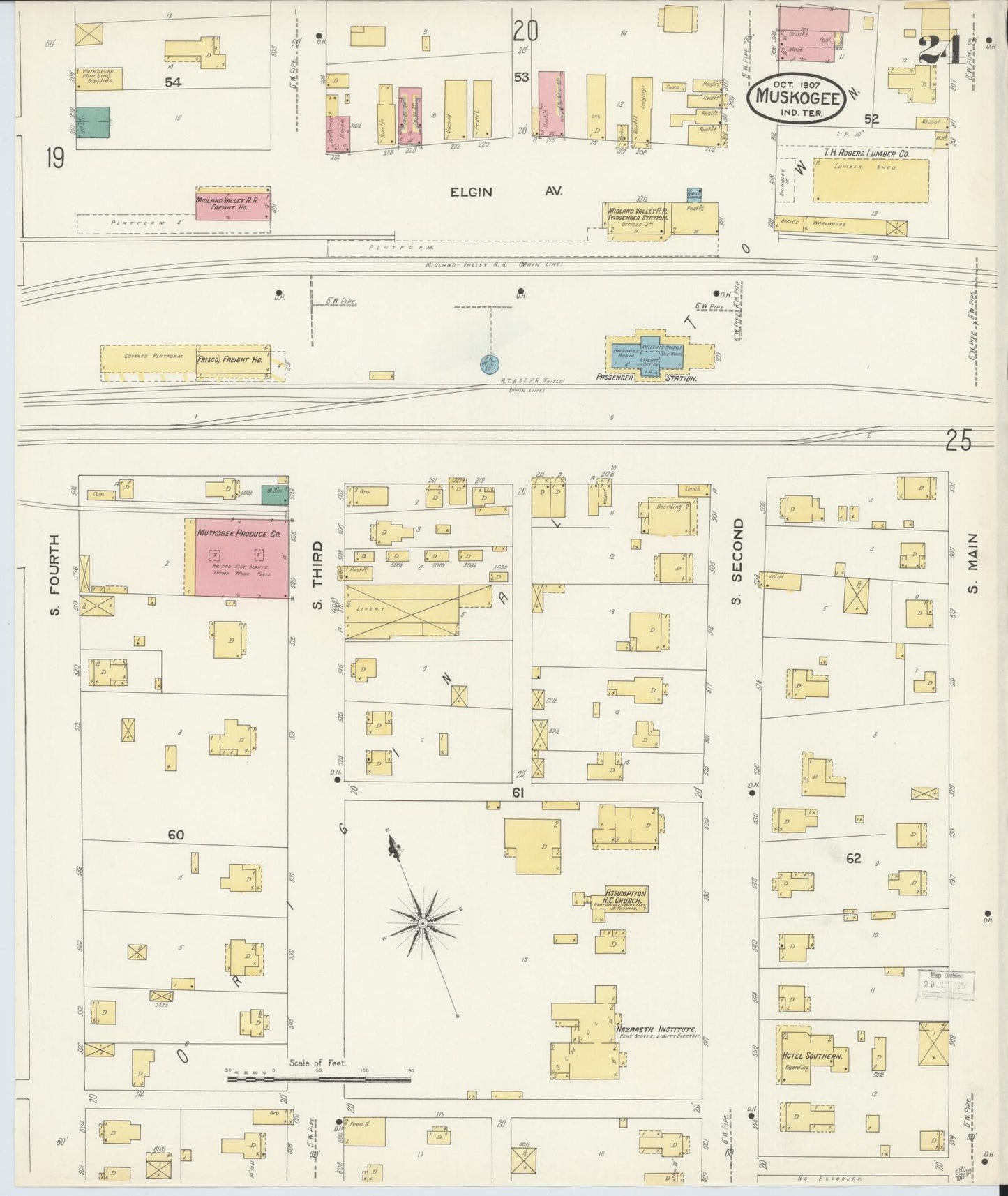 Sanborn Fire Insurance Map from Muskogee, Muskogee County, Oklahoma (1907), Sheet #0024 - Complete Map Set gallery image, historic Sanborn map, vintage wall art, Oklahoma Oklahoma