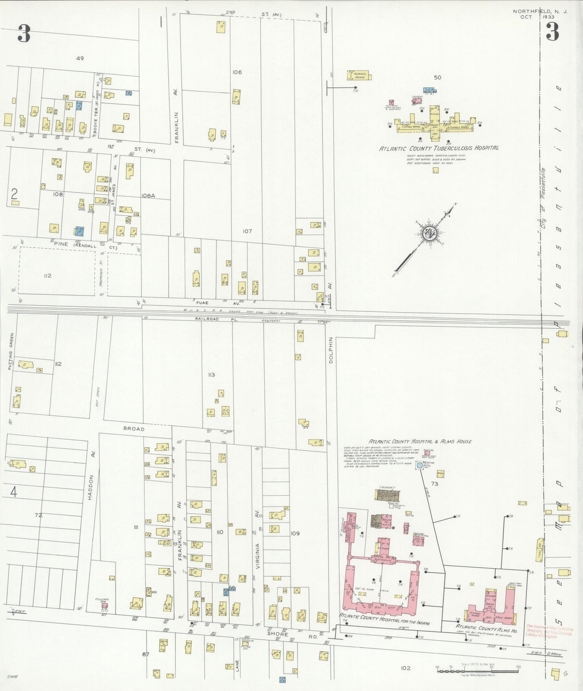 Sanborn Fire Insurance Map from Northfield, Atlantic County, New Jersey (1933), Sheet #0003 - Historic Sanborn Fire Insurance Map Print, vintage old map wall art, antique decor, genealogy gift, New Jersey New Jersey map