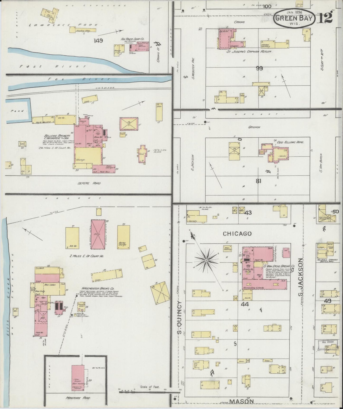 Sanborn Fire Insurance Map from Green Bay, Brown County, Wisconsin (1894), Sheet #0012 - Historic Sanborn Fire Insurance Map Print, vintage old map wall art, antique decor, genealogy gift, Wisconsin Wisconsin map