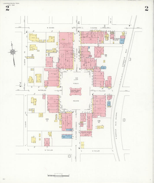 Sanborn Fire Insurance Map from Lawrenceburg, Lawrence County, Tennessee (1939), Sheet #0002 - Historic Sanborn Fire Insurance Map Print, vintage old map wall art, antique decor, genealogy gift, Tennessee Tennessee map