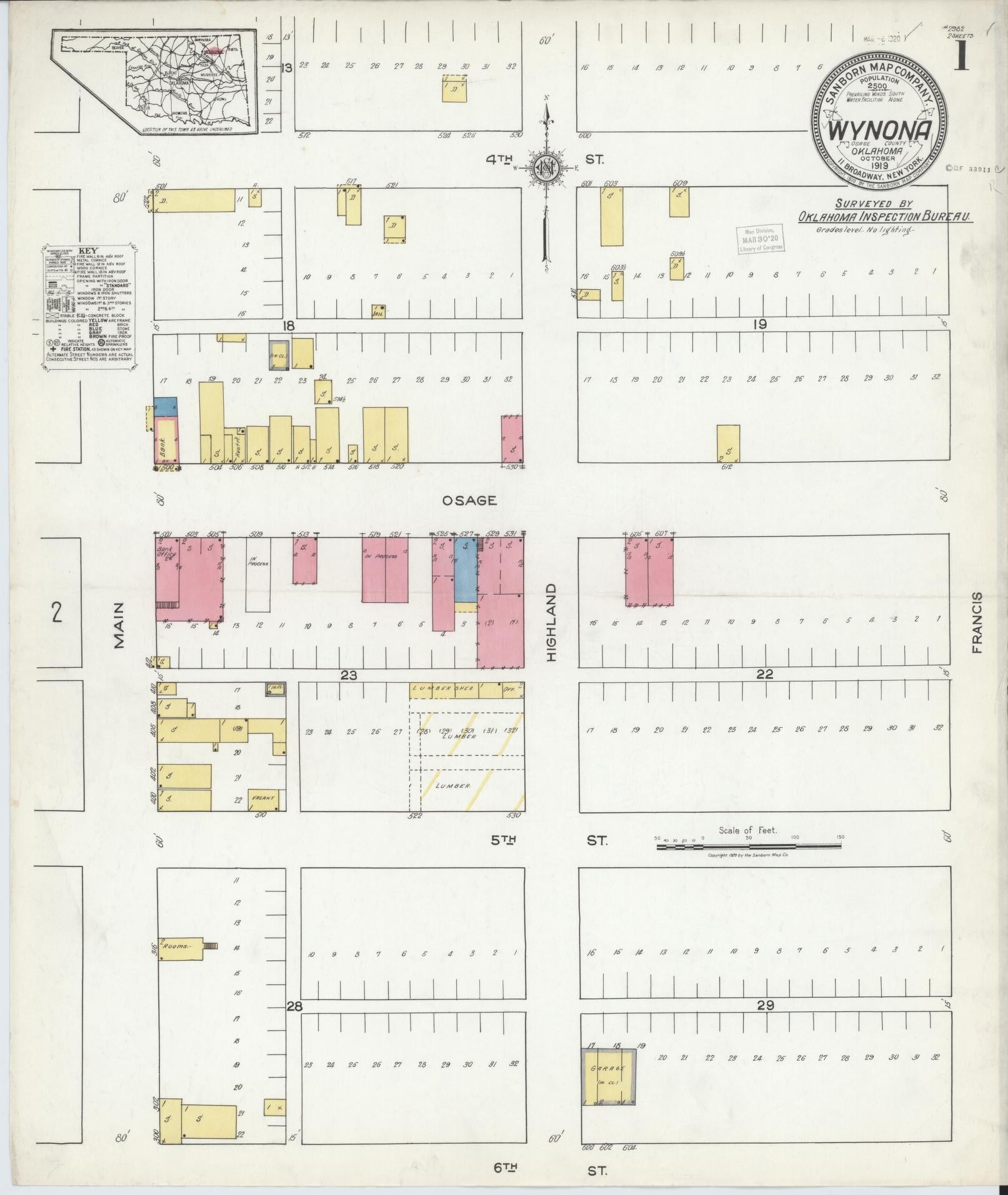 Sanborn Fire Insurance Map from Wynona, Osage County, Oklahoma (1919), Sheet #0001 - Historic Sanborn Fire Insurance Map Print, vintage old map wall art, antique decor, genealogy gift, Oklahoma Oklahoma map