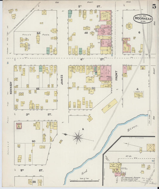 Sanborn Fire Insurance Map from Moorhead, Clay County, Minnesota (1890), Sheet #0005 - Historic Sanborn Fire Insurance Map Print, vintage old map wall art, antique decor, genealogy gift, Minnesota Minnesota map
