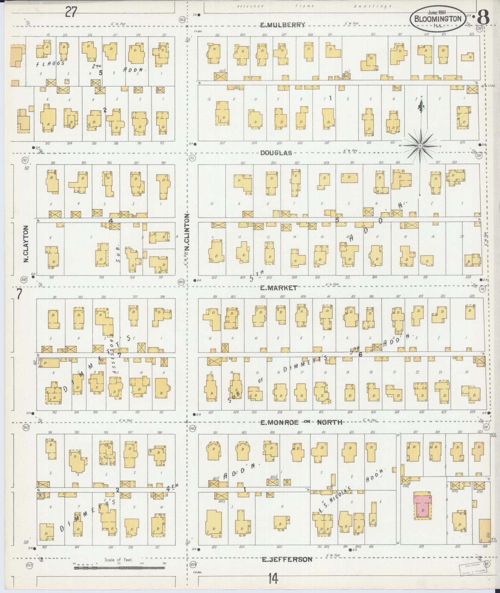 Sanborn Fire Insurance Map from Bloomington, McLean County, Illinois (1901), Sheet #0008 - Historic Sanborn Fire Insurance Map Print, vintage old map wall art, antique decor, genealogy gift, Illinois Illinois map