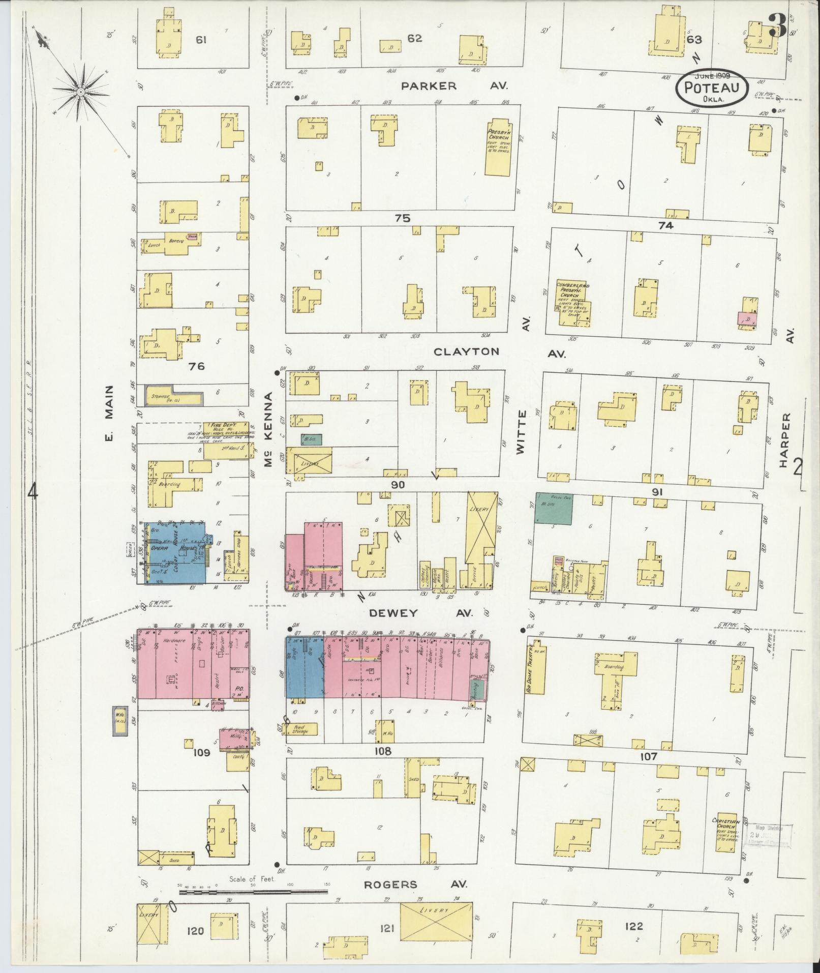 Sanborn Fire Insurance Map from Poteau, Le Flore County, Oklahoma (1909), Sheet #0003 - Complete Map Set gallery image, historic Sanborn map, vintage wall art, Oklahoma Oklahoma