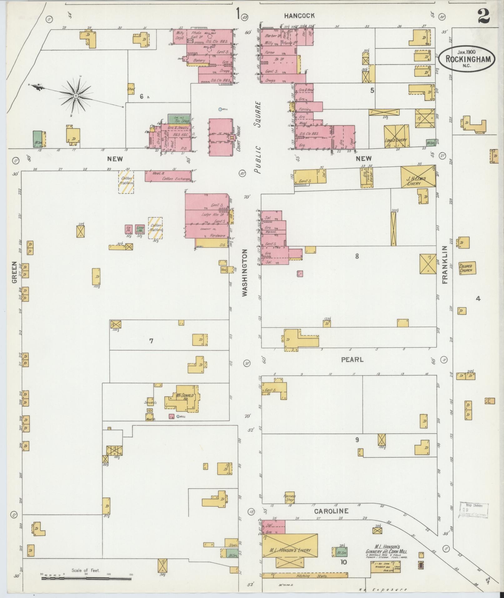 Sanborn Fire Insurance Map from Rockingham, Richmond County, North Carolina (1900), Sheet #0002 - Historic Sanborn Fire Insurance Map Print, vintage old map wall art, antique decor, genealogy gift, North Carolina North Carolina map