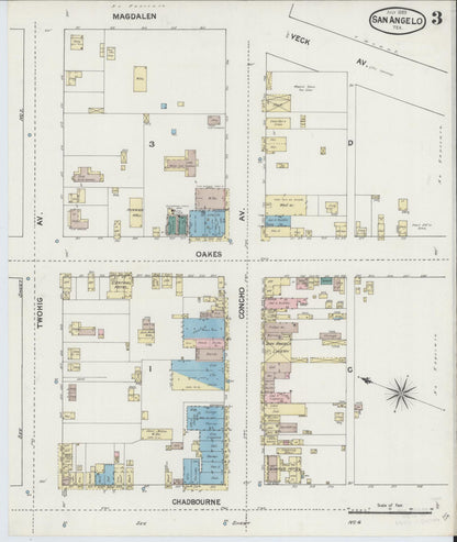 Sanborn Fire Insurance Map from San Angelo, Tom Green County, Texas (1889), Sheet #0003 - Complete Map Set gallery image, historic Sanborn map, vintage wall art, Texas Texas