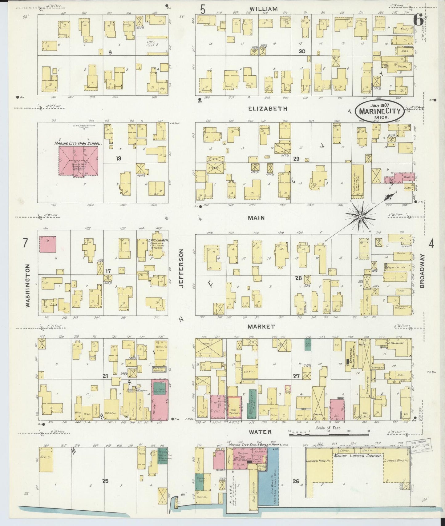 Sanborn Fire Insurance Map from Marine City, Saint Clair County, Michigan (1907), Sheet #0006 - Complete Map Set gallery image, historic Sanborn map, vintage wall art, Michigan Michigan