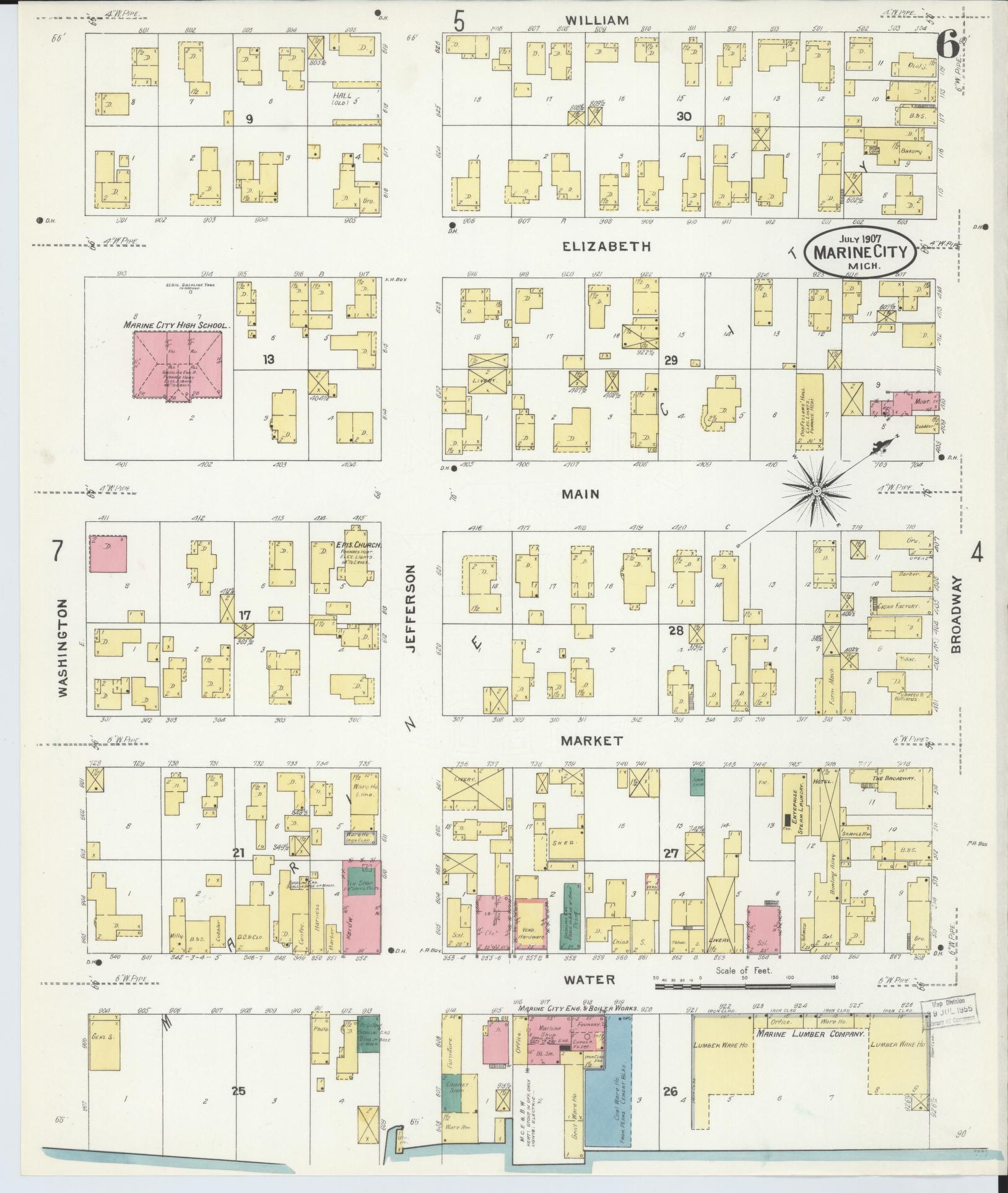 Sanborn Fire Insurance Map from Marine City, Saint Clair County, Michigan (1907), Sheet #0006 - Complete Map Set gallery image, historic Sanborn map, vintage wall art, Michigan Michigan