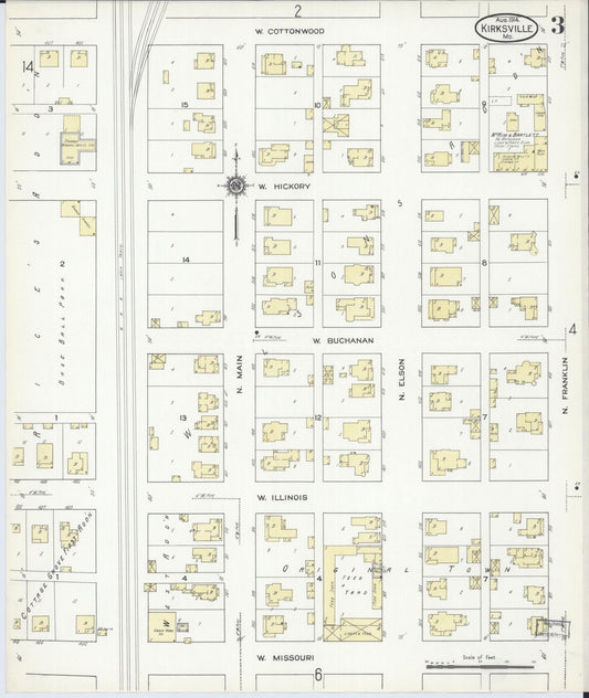 Sanborn Fire Insurance Map from Kirksville, Adair County, Missouri (1914), Sheet #0003 - Historic Sanborn Fire Insurance Map Print, vintage old map wall art, antique decor, genealogy gift, Missouri Missouri map