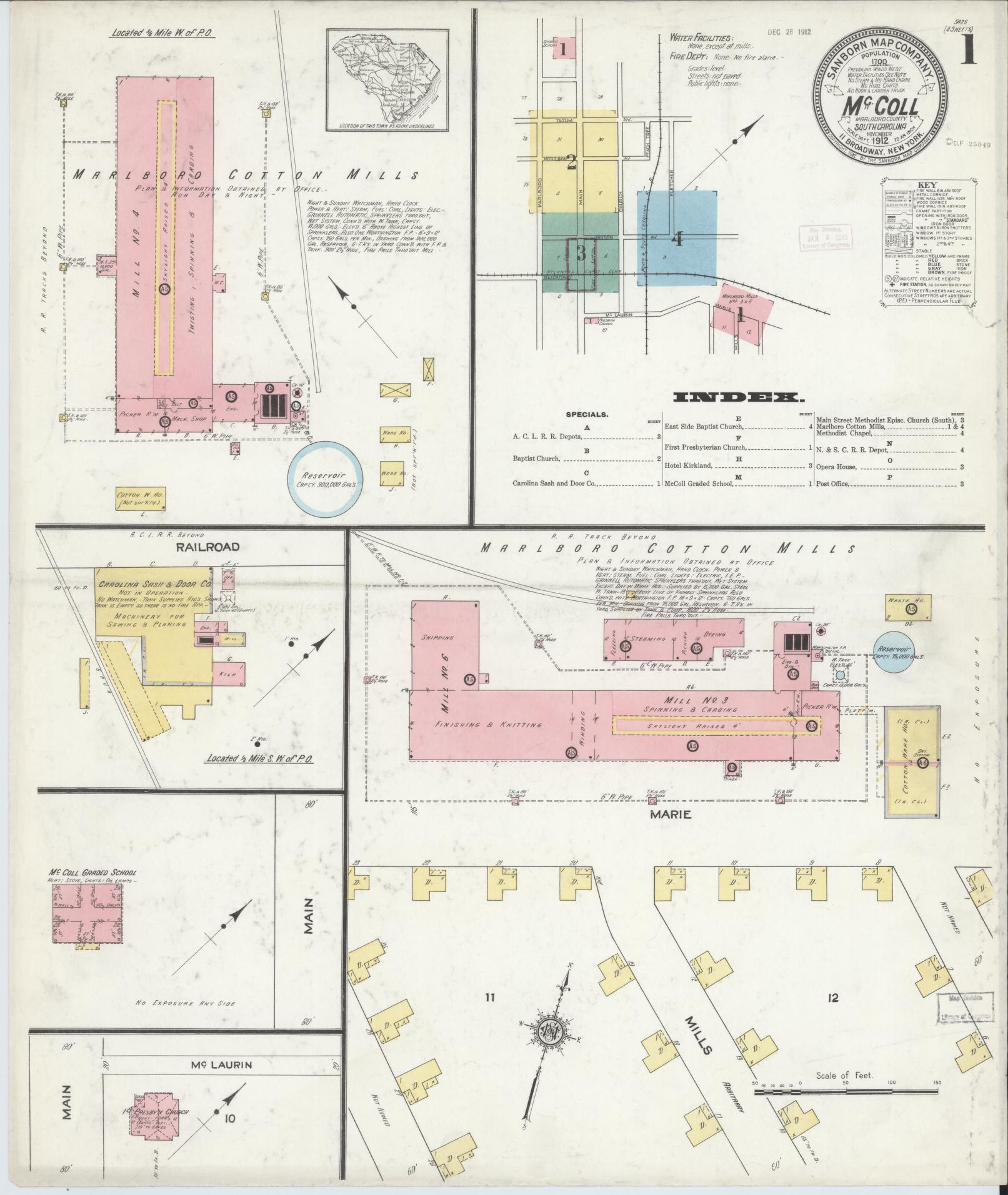 Sanborn Fire Insurance Map from McColl, Marlboro County, South Carolina (1912), Sheet #0001 - Complete Map Set gallery image, historic Sanborn map, vintage wall art, South Carolina South Carolina