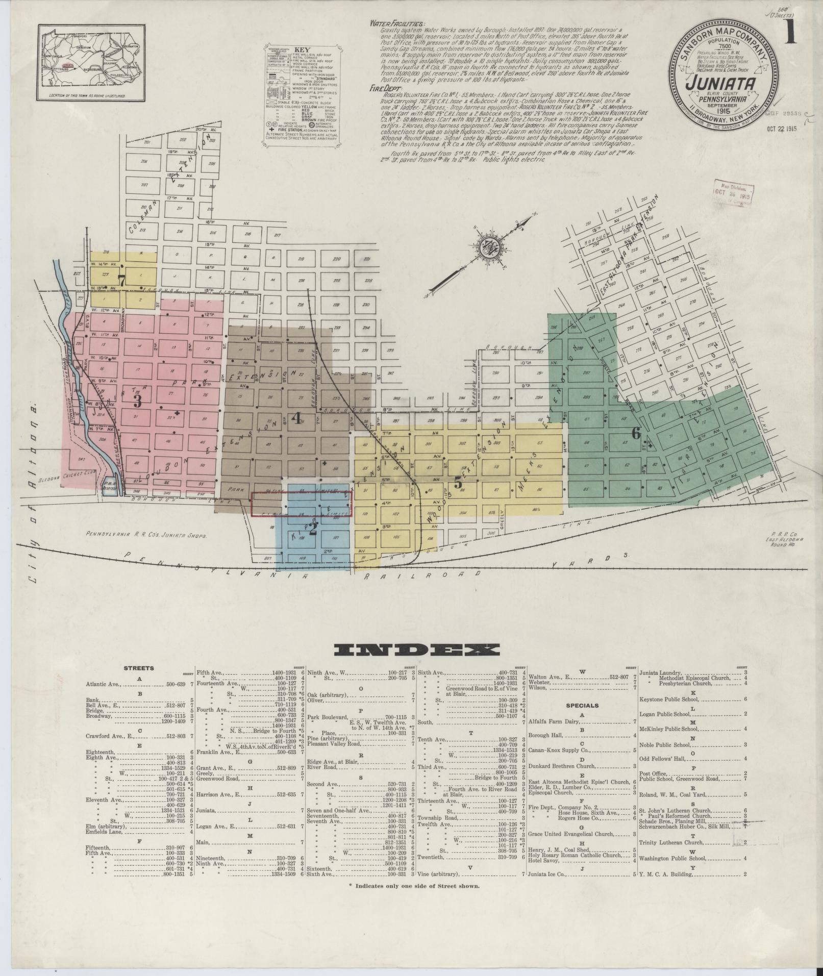 Sanborn Fire Insurance Map from Juniata, Blair County, Pennsylvania (1915), Sheet #0001 - Complete Map Set gallery image, historic Sanborn map, vintage wall art, Pennsylvania Pennsylvania