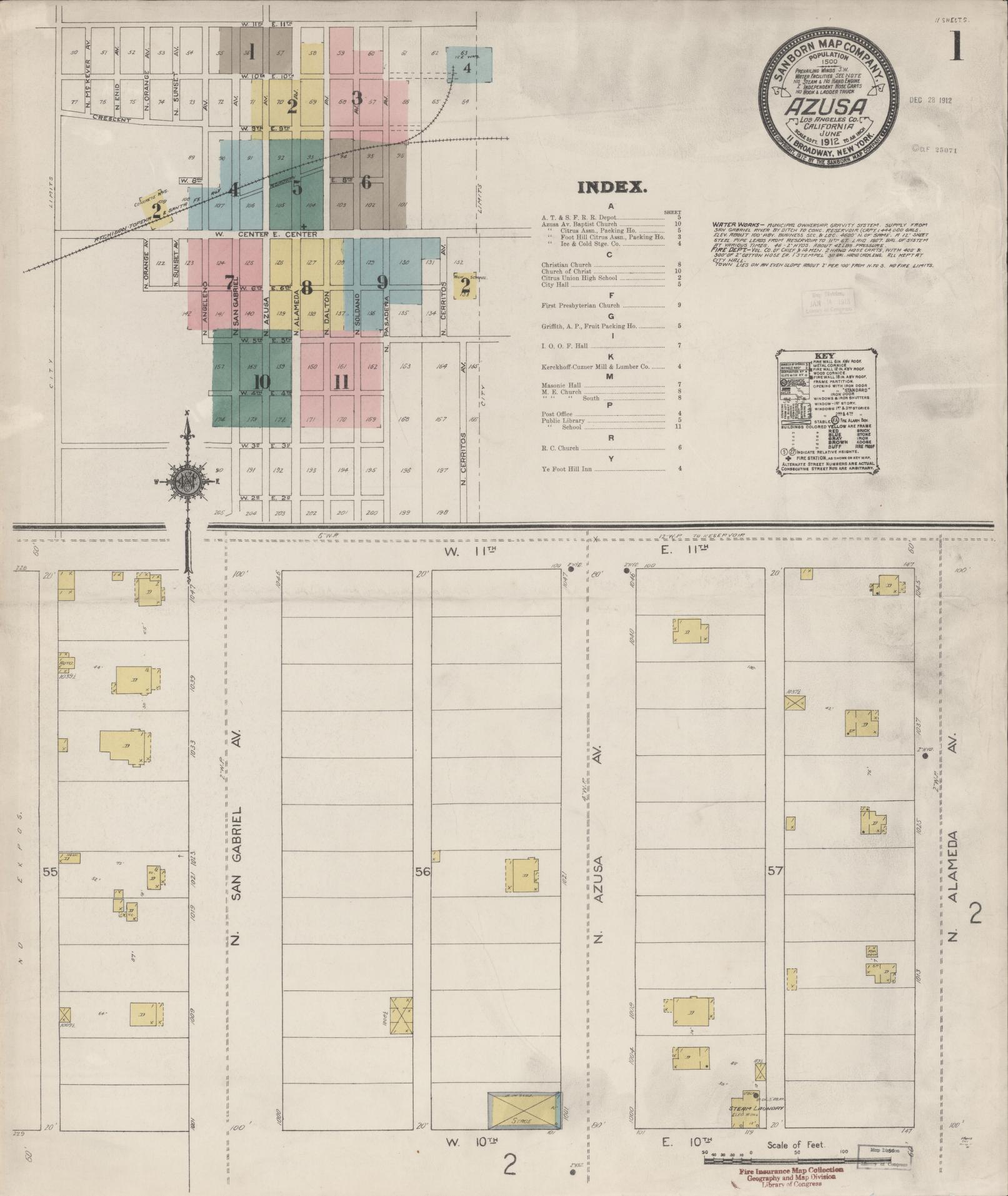 Sanborn Fire Insurance Map from Azusa, Los Angeles County, California (1912), Sheet #0001 - Historic Sanborn Fire Insurance Map Print, vintage old map wall art, antique decor, genealogy gift, California California map