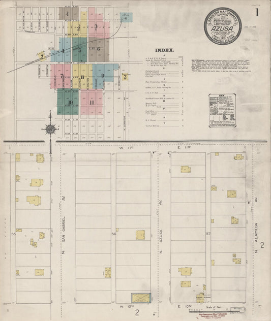 Sanborn Fire Insurance Map from Azusa, Los Angeles County, California (1912), Sheet #0001 - Historic Sanborn Fire Insurance Map Print, vintage old map wall art, antique decor, genealogy gift, California California map