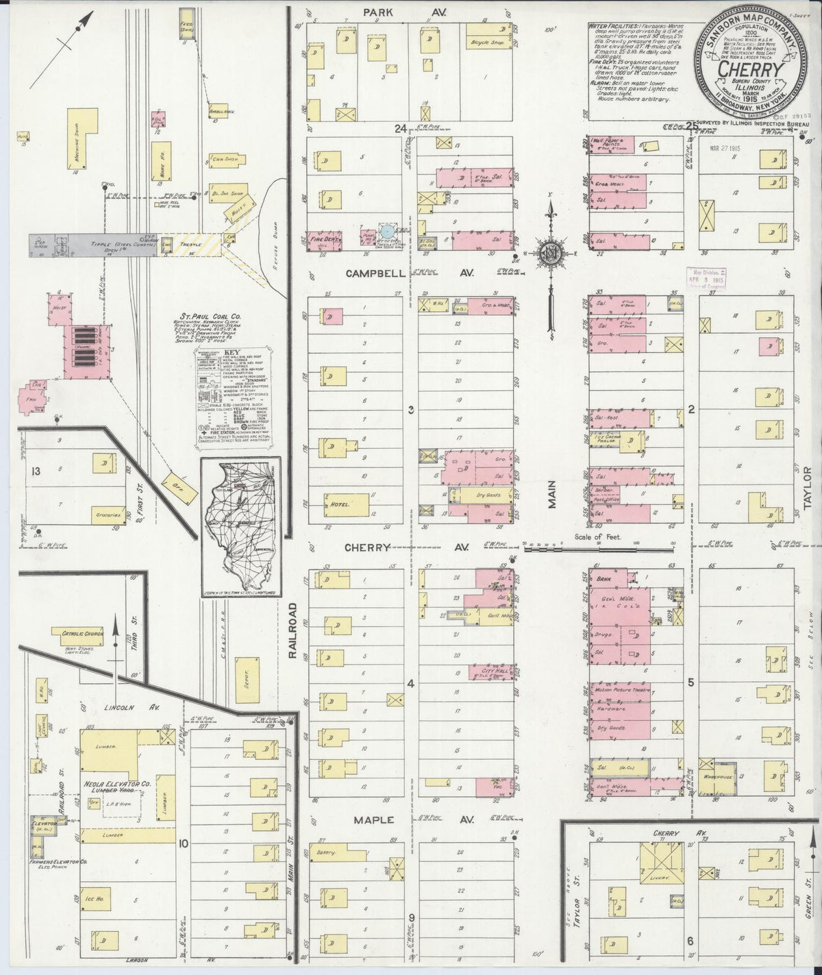 Sanborn Fire Insurance Map from Cherry, Bureau County, Illinois (1915), Sheet #0001 - Historic Sanborn Fire Insurance Map Print, vintage old map wall art, antique decor, genealogy gift, Illinois Illinois map