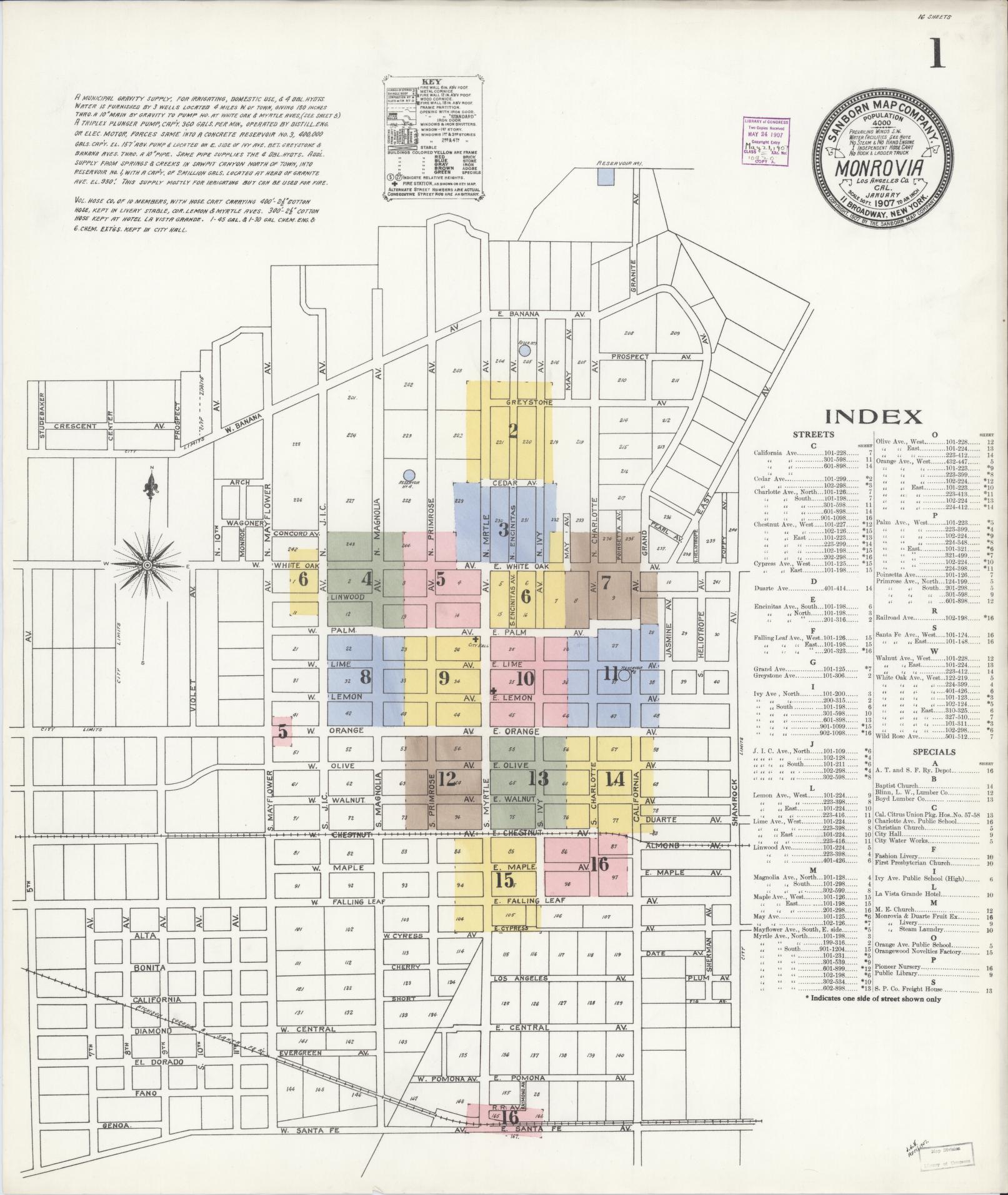 Sanborn Fire Insurance Map from Monrovia, Los Angeles County, California (1907), Sheet #0001 - Complete Map Set gallery image, historic Sanborn map, vintage wall art, California California