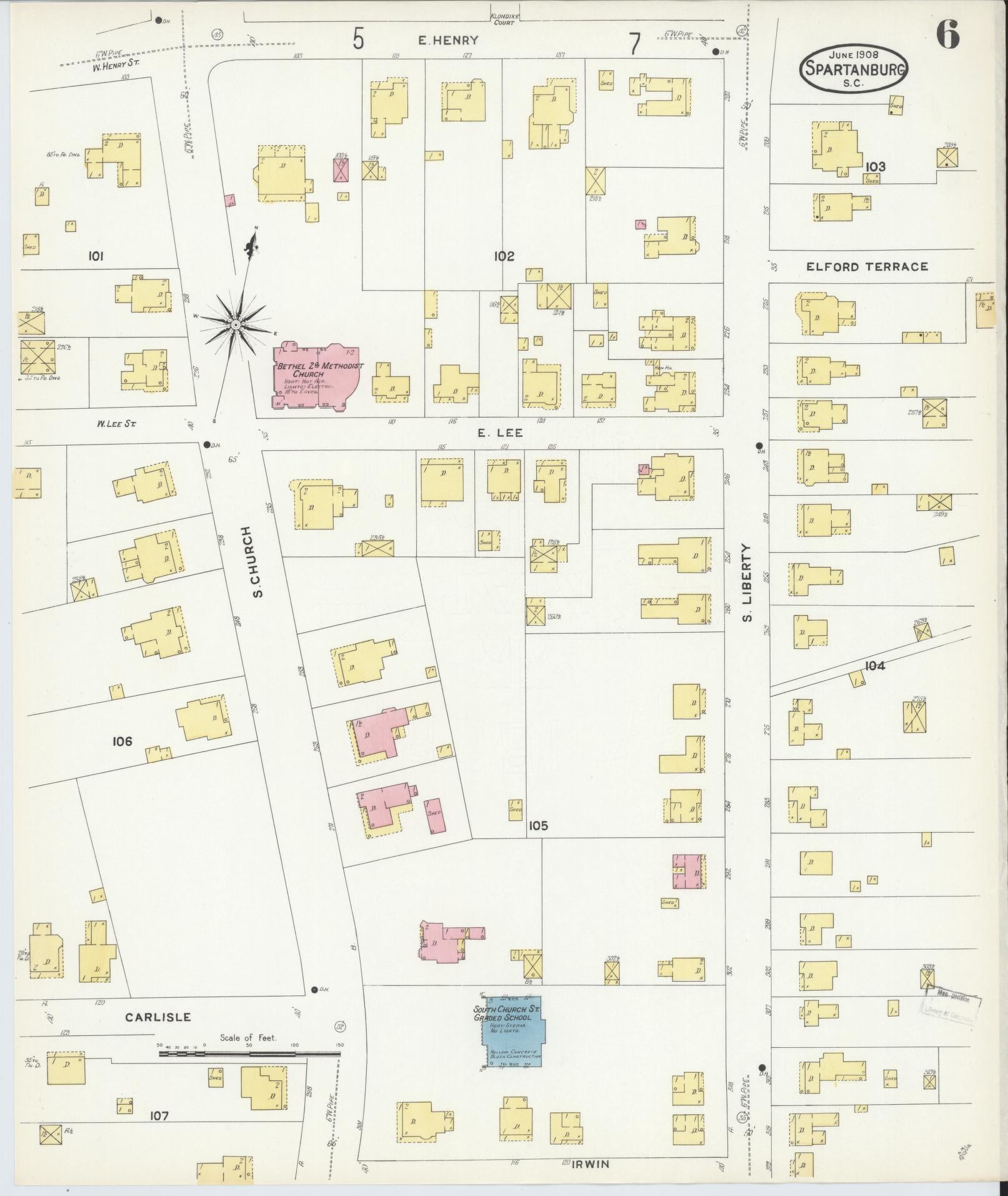 Sanborn Fire Insurance Map from Spartanburg, Spartanburg County, South Carolina (1908), Sheet #0006 - Historic Sanborn Fire Insurance Map Print, vintage old map wall art, antique decor, genealogy gift, South Carolina South Carolina map