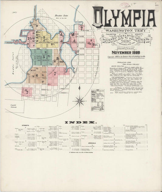 Sanborn Fire Insurance Map from Olympia, Thurston County, Washington (1888), Sheet #0001 - Historic Sanborn Fire Insurance Map Print, vintage old map wall art, antique decor, genealogy gift, Washington Washington map