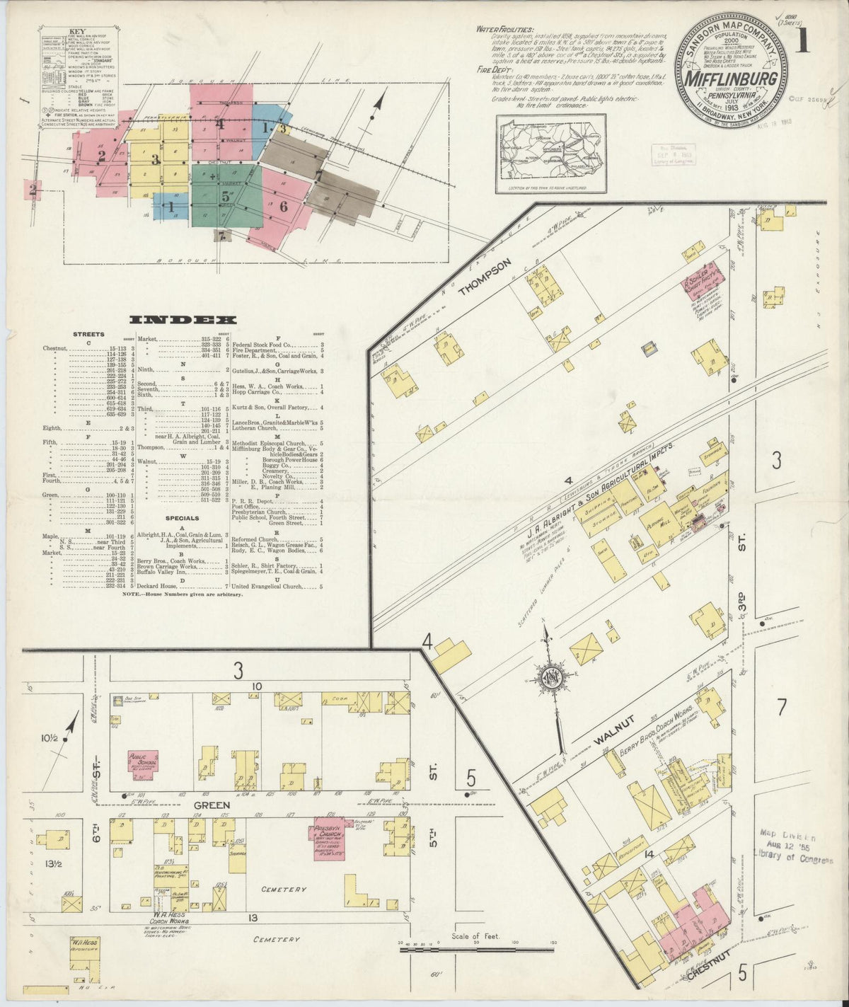 Sanborn Fire Insurance Map from Mifflinburg, Union County, Pennsylvania (1913), Sheet #0001 - Historic Sanborn Fire Insurance Map Print, vintage old map wall art, antique decor, genealogy gift, Pennsylvania Pennsylvania map