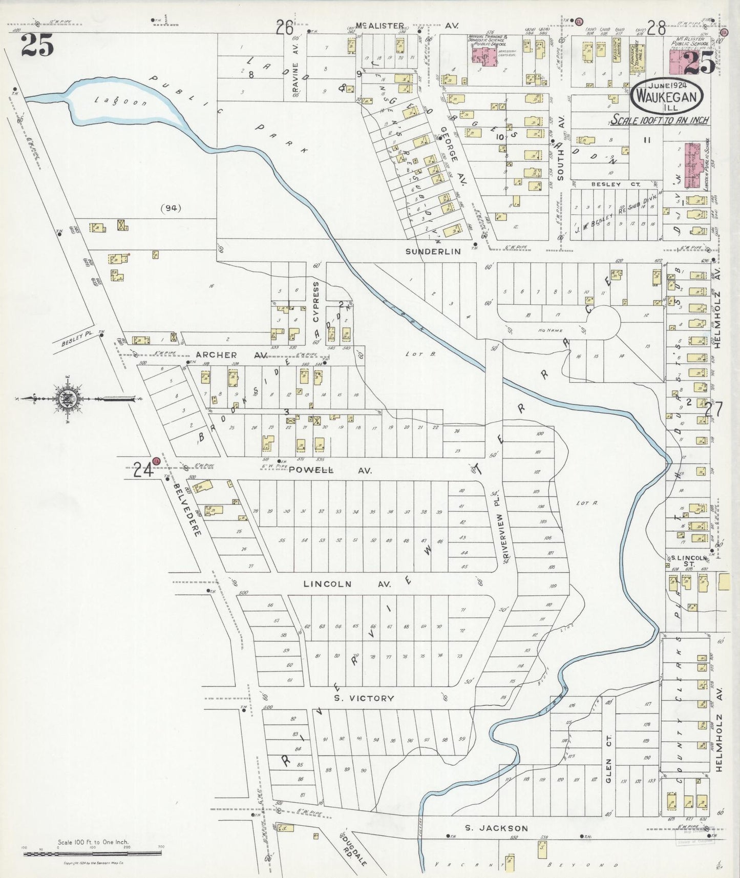 Sanborn Fire Insurance Map from Waukegan, Lake County, Illinois (1924), Sheet #0025 - Complete Map Set gallery image, historic Sanborn map, vintage wall art, Illinois Illinois