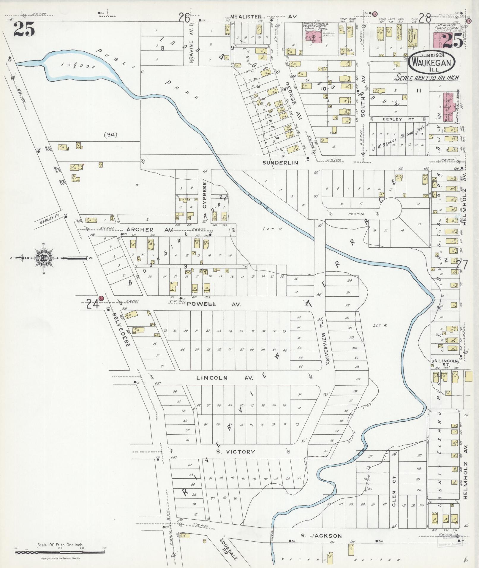 Sanborn Fire Insurance Map from Waukegan, Lake County, Illinois (1924), Sheet #0025 - Complete Map Set gallery image, historic Sanborn map, vintage wall art, Illinois Illinois