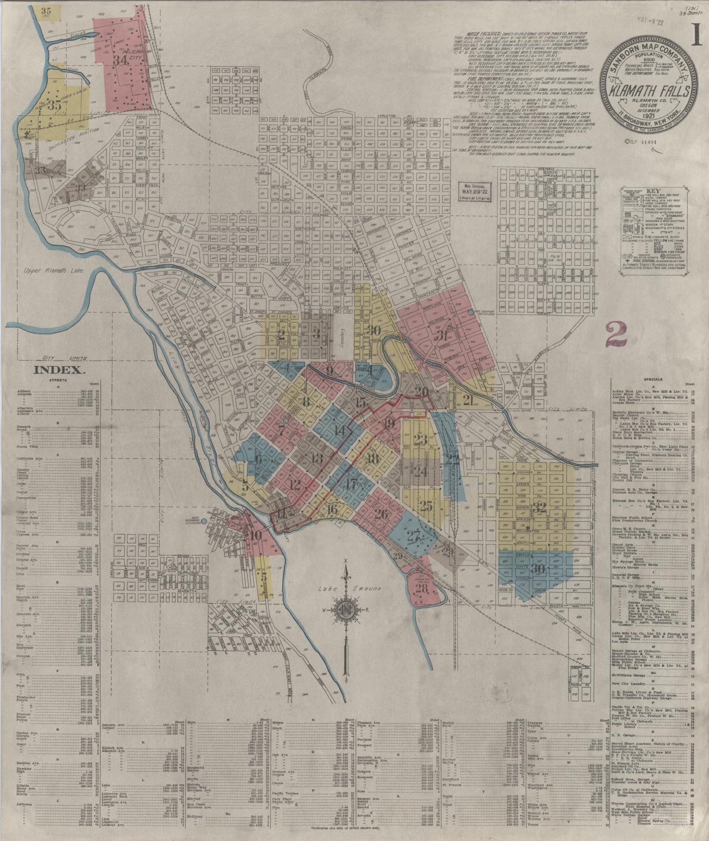 Sanborn Fire Insurance Map from Klamath Falls, Klamath County, Oregon (1921), Sheet #0001 - Complete Map Set gallery image, historic Sanborn map, vintage wall art, Oregon Oregon