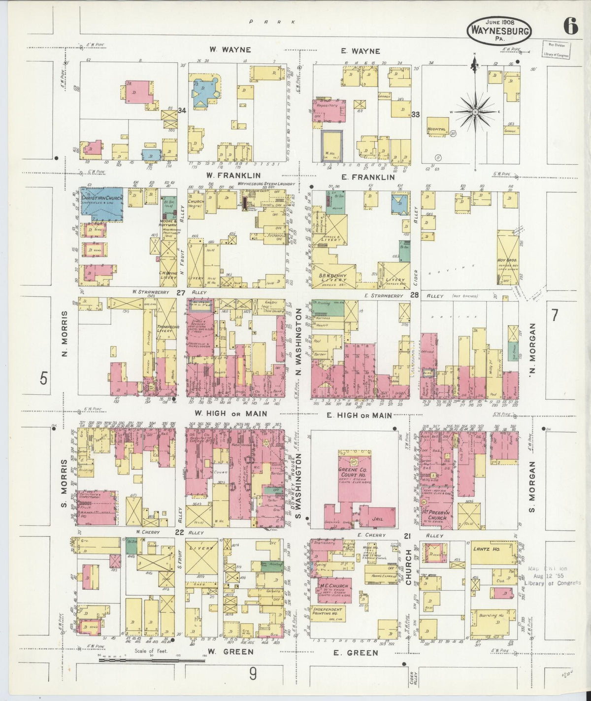 Sanborn Fire Insurance Map from Waynesburg, Greene County, Pennsylvania (1908), Sheet #0006 - Historic Sanborn Fire Insurance Map Print, vintage old map wall art, antique decor, genealogy gift, Pennsylvania Pennsylvania map