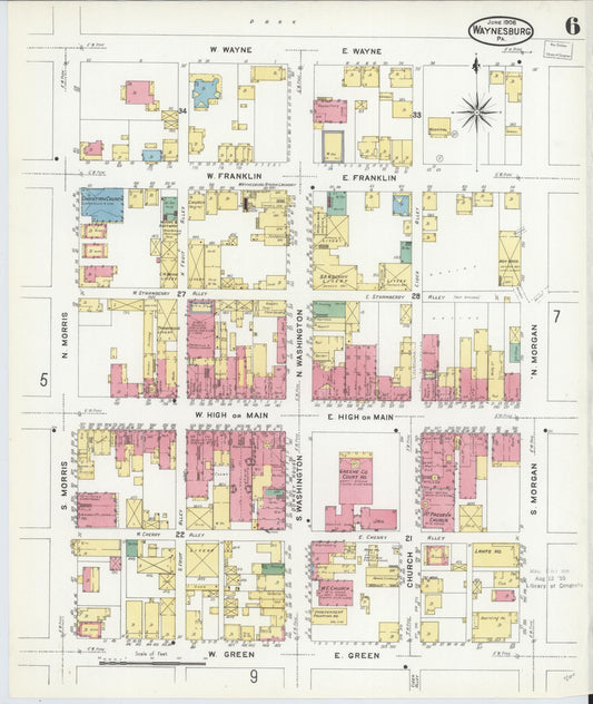 Sanborn Fire Insurance Map from Waynesburg, Greene County, Pennsylvania (1908), Sheet #0006 - Historic Sanborn Fire Insurance Map Print, vintage old map wall art, antique decor, genealogy gift, Pennsylvania Pennsylvania map