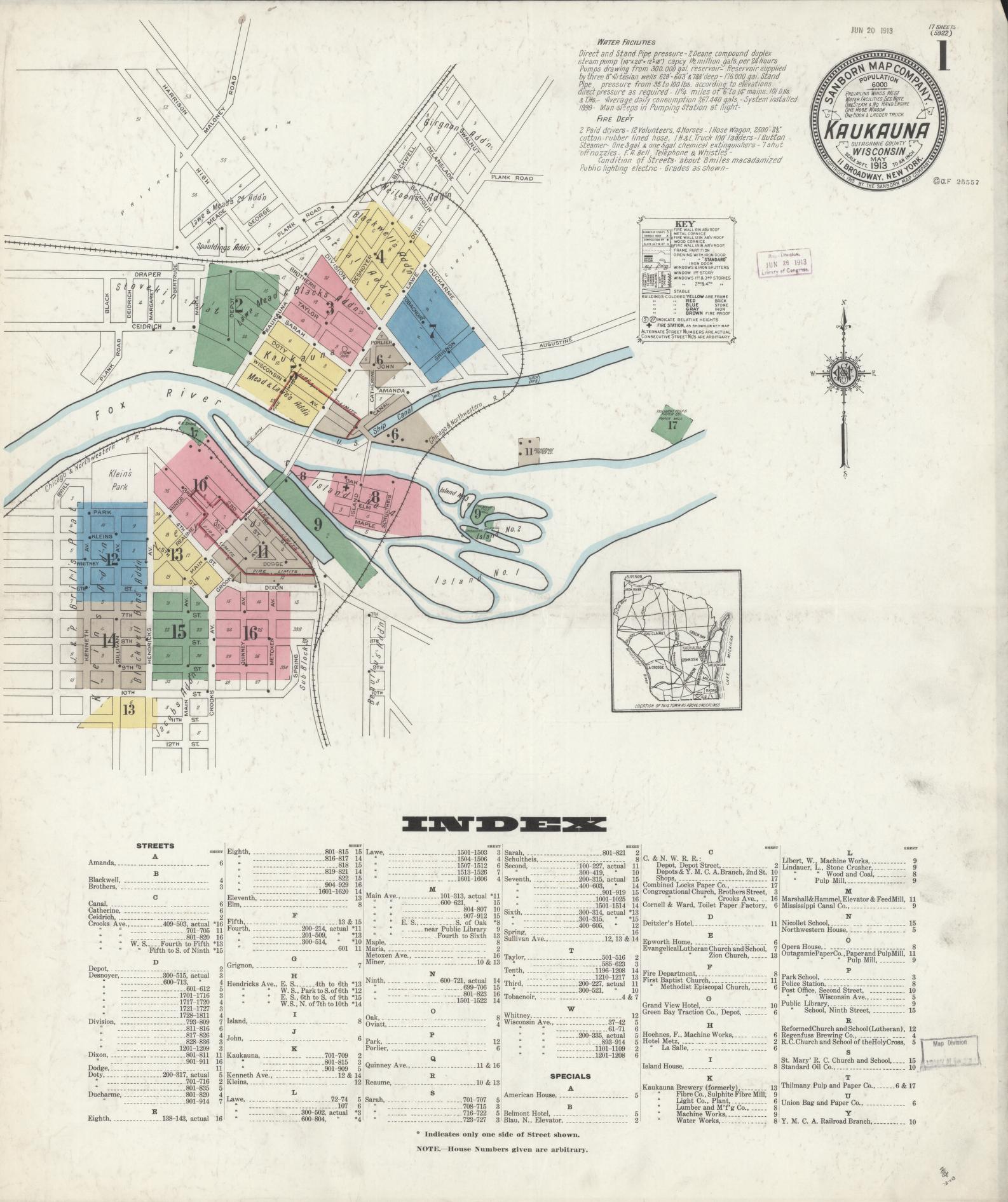 Sanborn Fire Insurance Map from Kaukauna, Outagamie County, Wisconsin (1913), Sheet #0001 - Complete Map Set gallery image, historic Sanborn map, vintage wall art, Wisconsin Wisconsin
