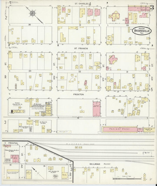 Sanborn Fire Insurance Map from Brownsville, Cameron County, Texas (1914), Sheet #0003 - Historic Sanborn Fire Insurance Map Print, vintage old map wall art, antique decor, genealogy gift, Texas Texas map
