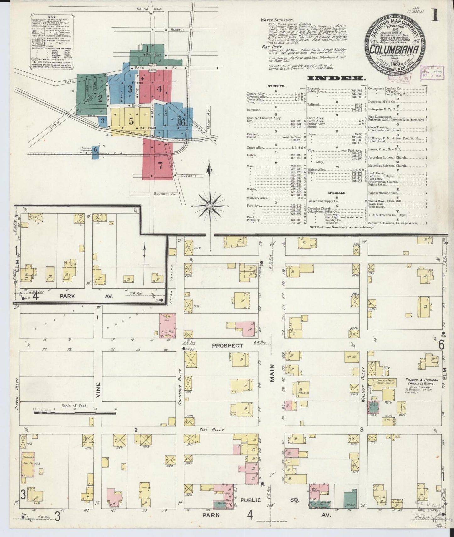 Sanborn Fire Insurance Map from Columbiana, Columbiana County, Ohio (1909), Sheet #0001 - Historic Sanborn Fire Insurance Map Print, vintage old map wall art, antique decor, genealogy gift, Ohio Ohio map