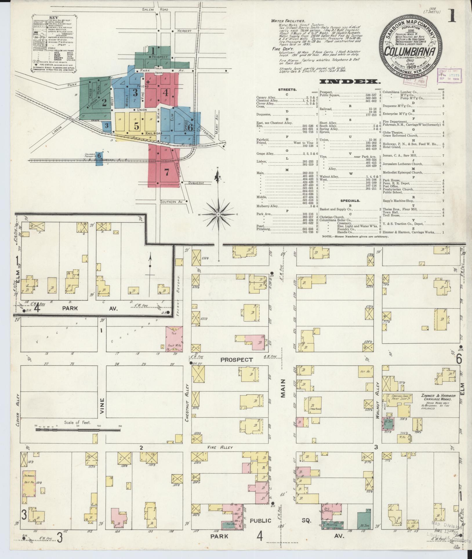 Sanborn Fire Insurance Map from Columbiana, Columbiana County, Ohio (1909), Sheet #0001 - Historic Sanborn Fire Insurance Map Print, vintage old map wall art, antique decor, genealogy gift, Ohio Ohio map