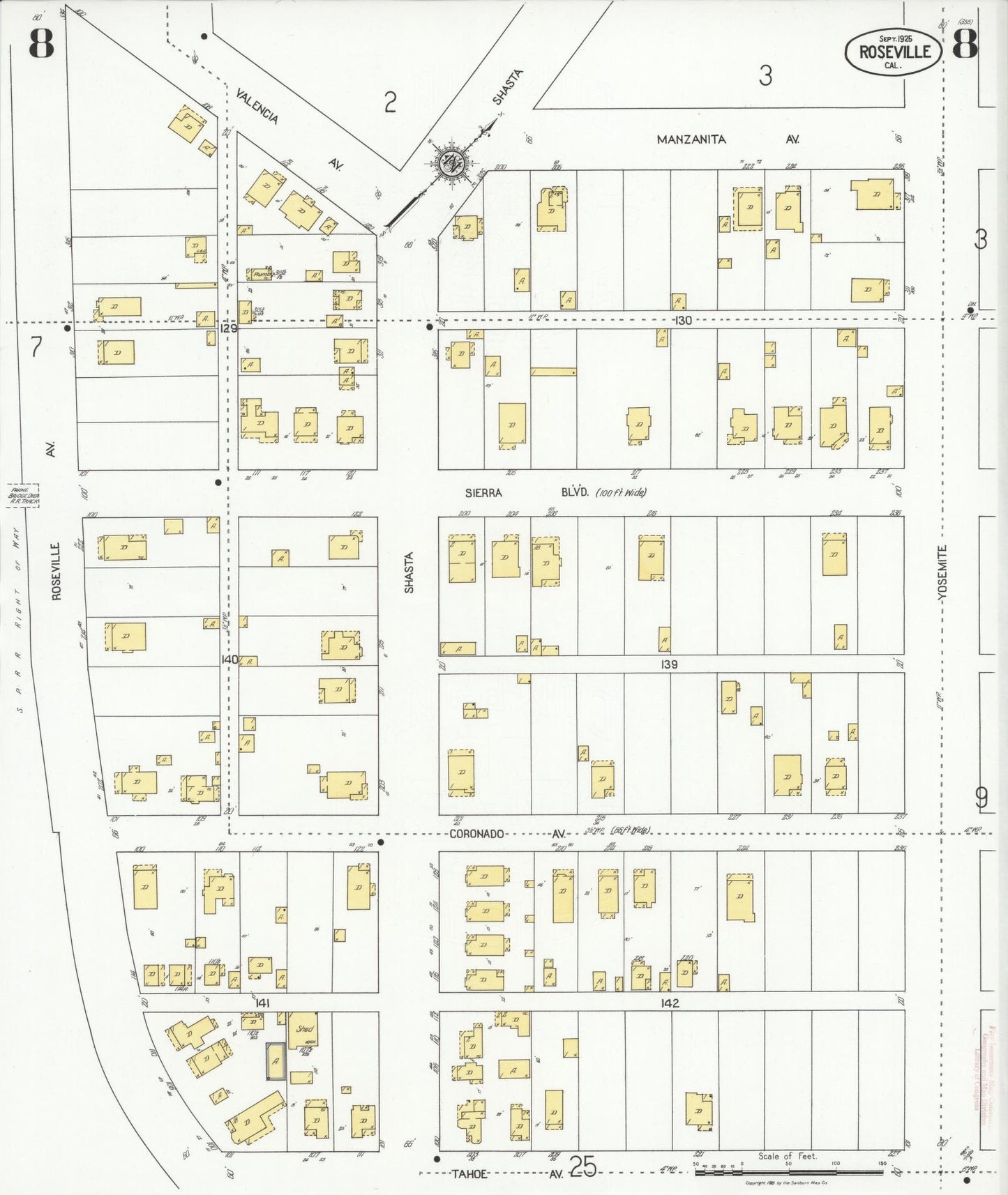 Sanborn Fire Insurance Map from Roseville, Placer County, California (1925), Sheet #0008 - Complete Map Set gallery image, historic Sanborn map, vintage wall art, California California
