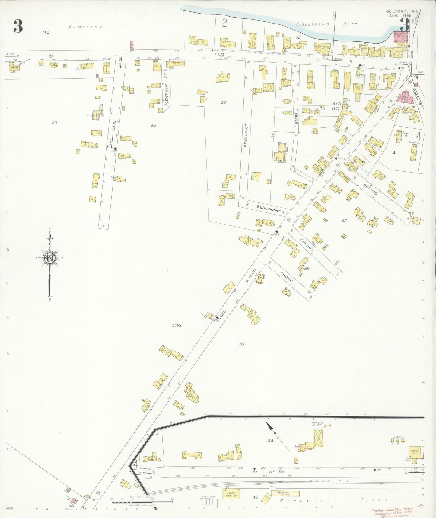Sanborn Fire Insurance Map from Guilford, Piscataquis County, Maine (1933), Sheet #0003 - Complete Map Set gallery image, historic Sanborn map, vintage wall art, Maine Maine
