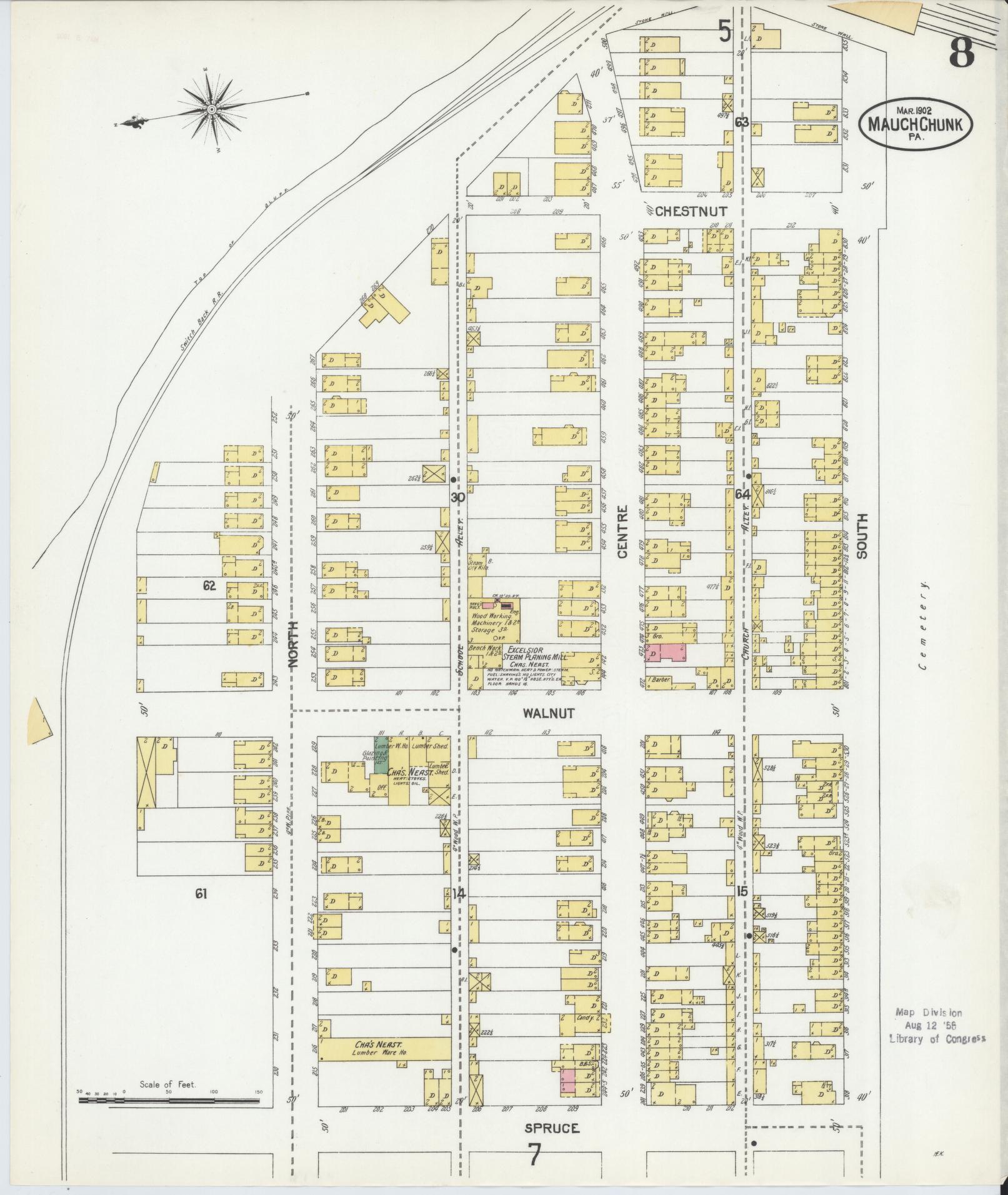 Sanborn Fire Insurance Map from Mauch Chunk, Carbon County, Pennsylvania (1902), Sheet #0008 - Historic Sanborn Fire Insurance Map Print, vintage old map wall art, antique decor, genealogy gift, Pennsylvania Pennsylvania map